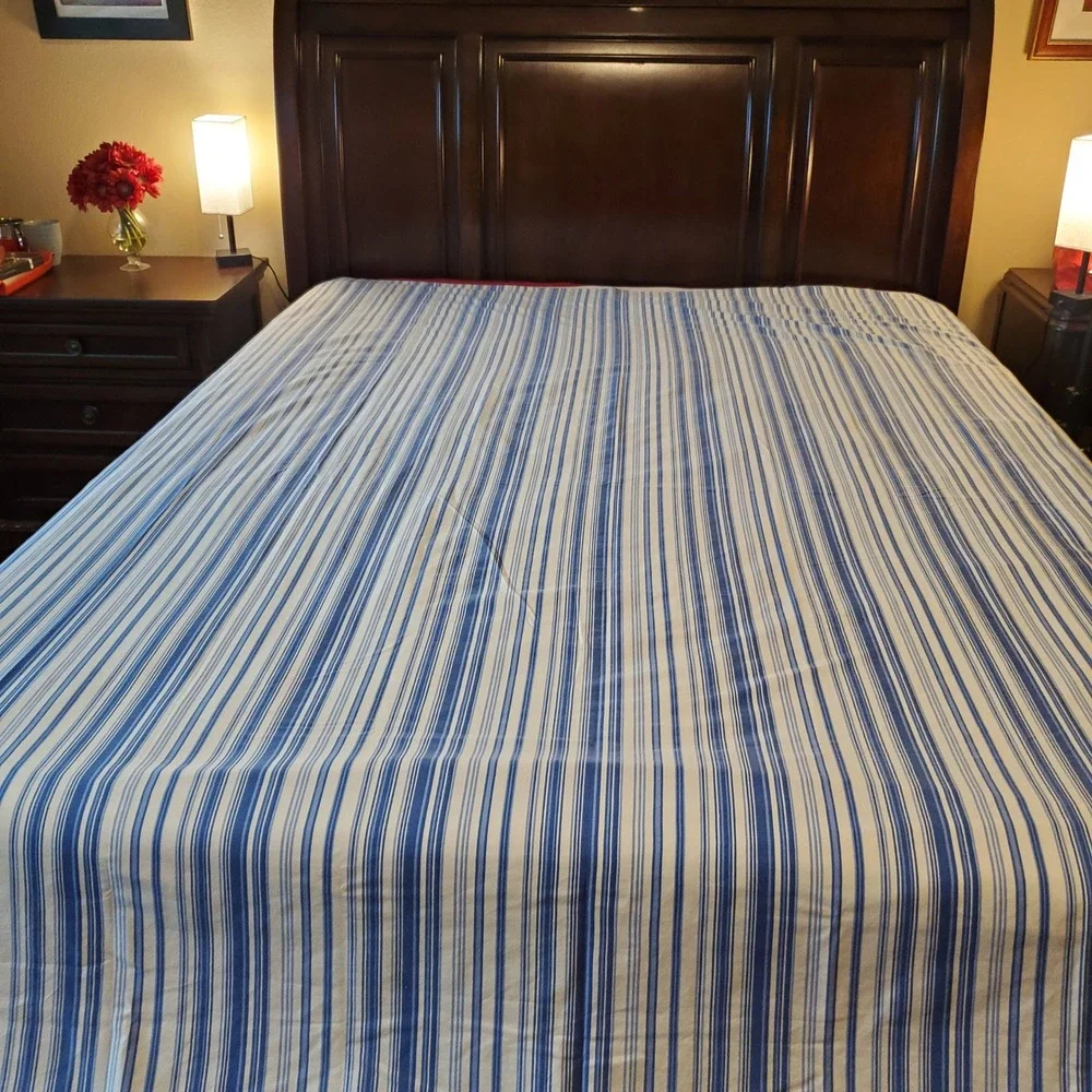Whisper Soft Mills Blue White Striped Twin Flat Bed Sheet Coastal Nautical Style